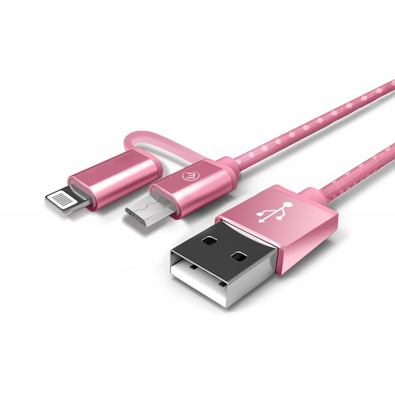 Cable 2 en 1 Lightning et Micro USB vers USB en Nylon Tressé - Rose ou Bleu